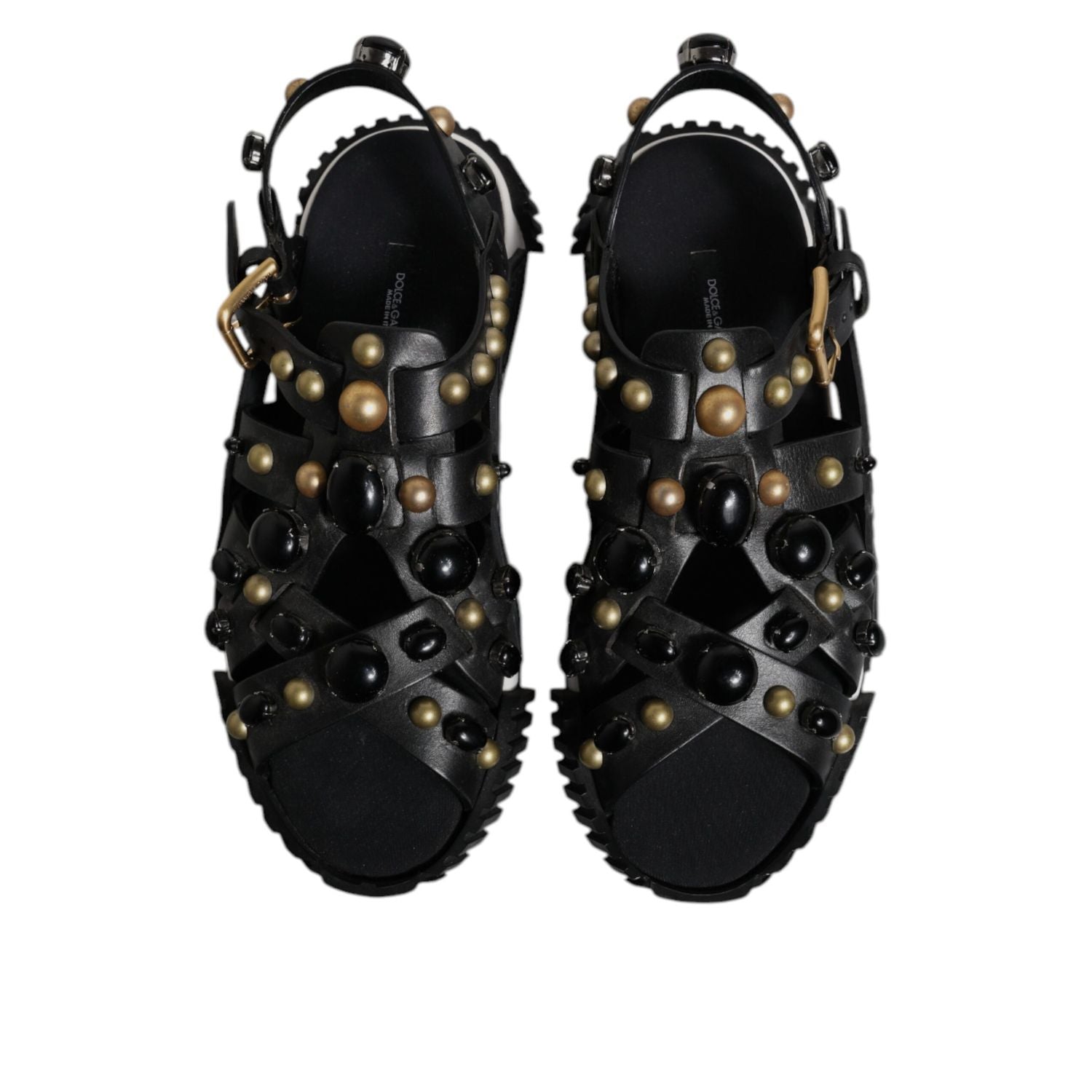 Dolce & Gabbana Black Leather Studded Slides Sandals Shoes