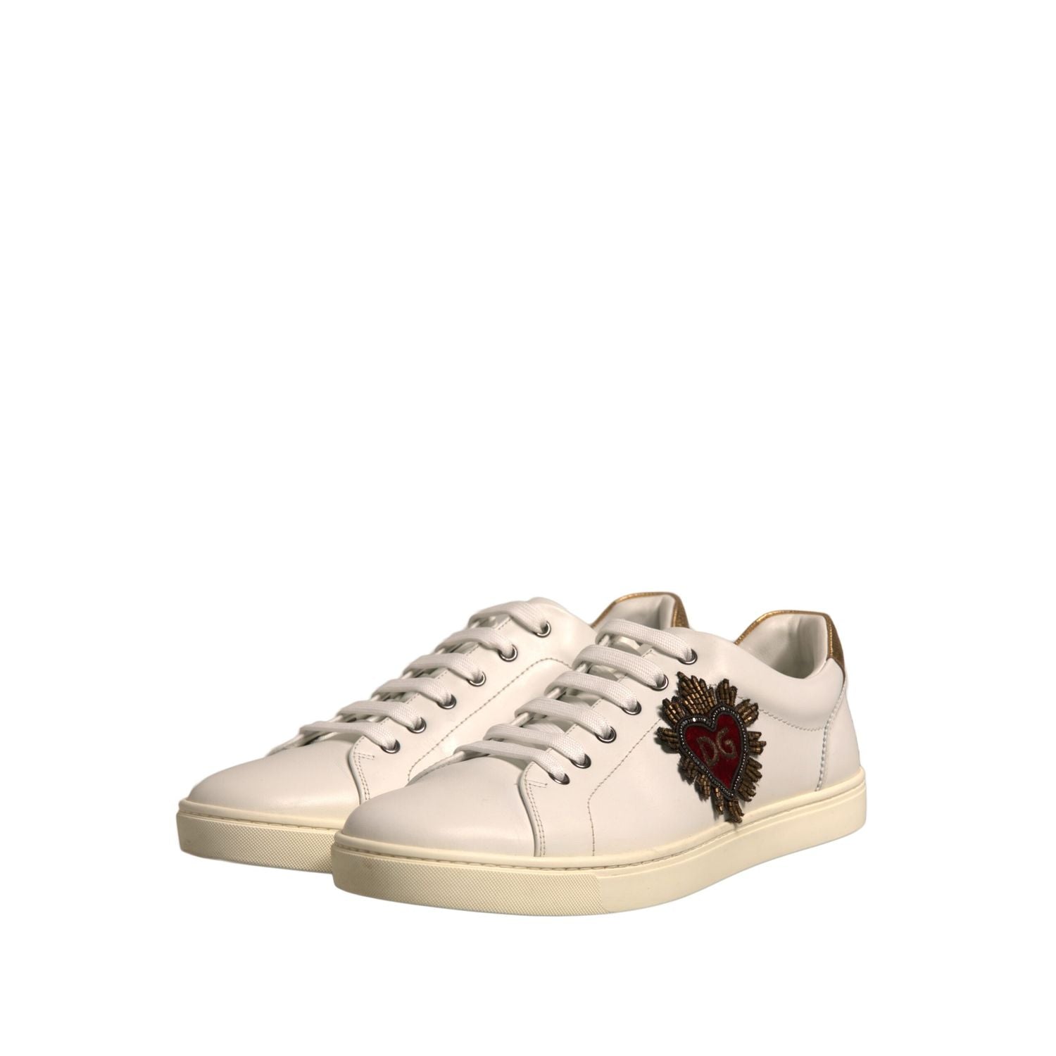 Dolce & Gabbana White Leather Heart Embellished Sneakers Shoes