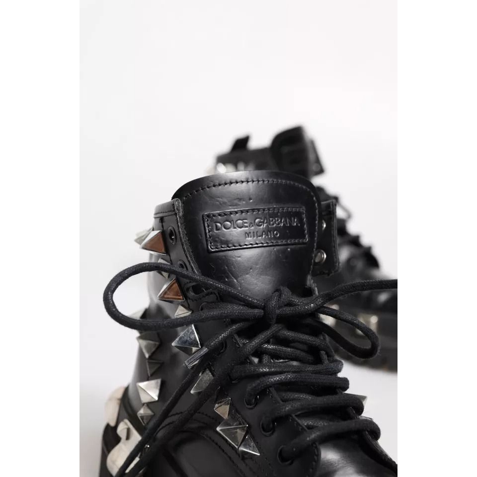 Dolce & Gabbana Black Leather Studded Trekking Boots Shoes
