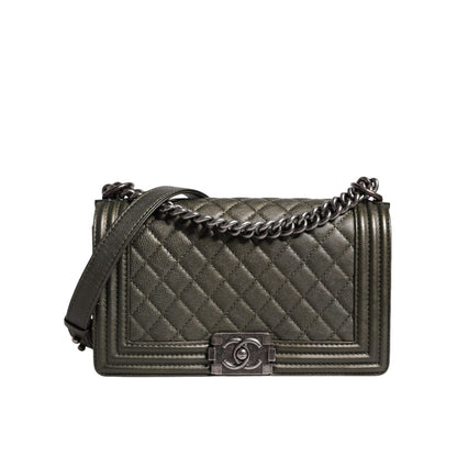Chanel Dark Green Leather Shoulder Bag Gray Metal Purse Bag