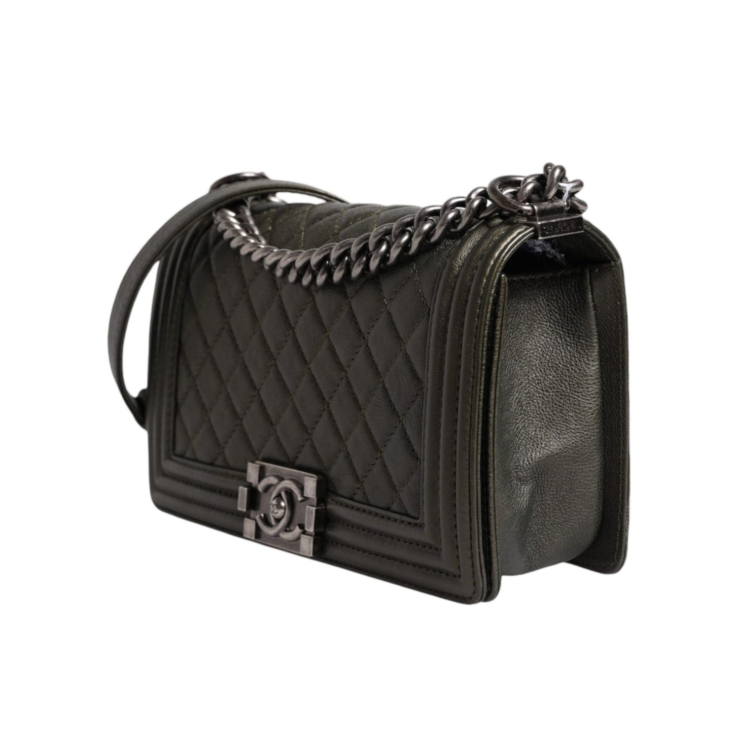 Chanel Dark Green Leather Shoulder Bag Gray Metal Purse Bag