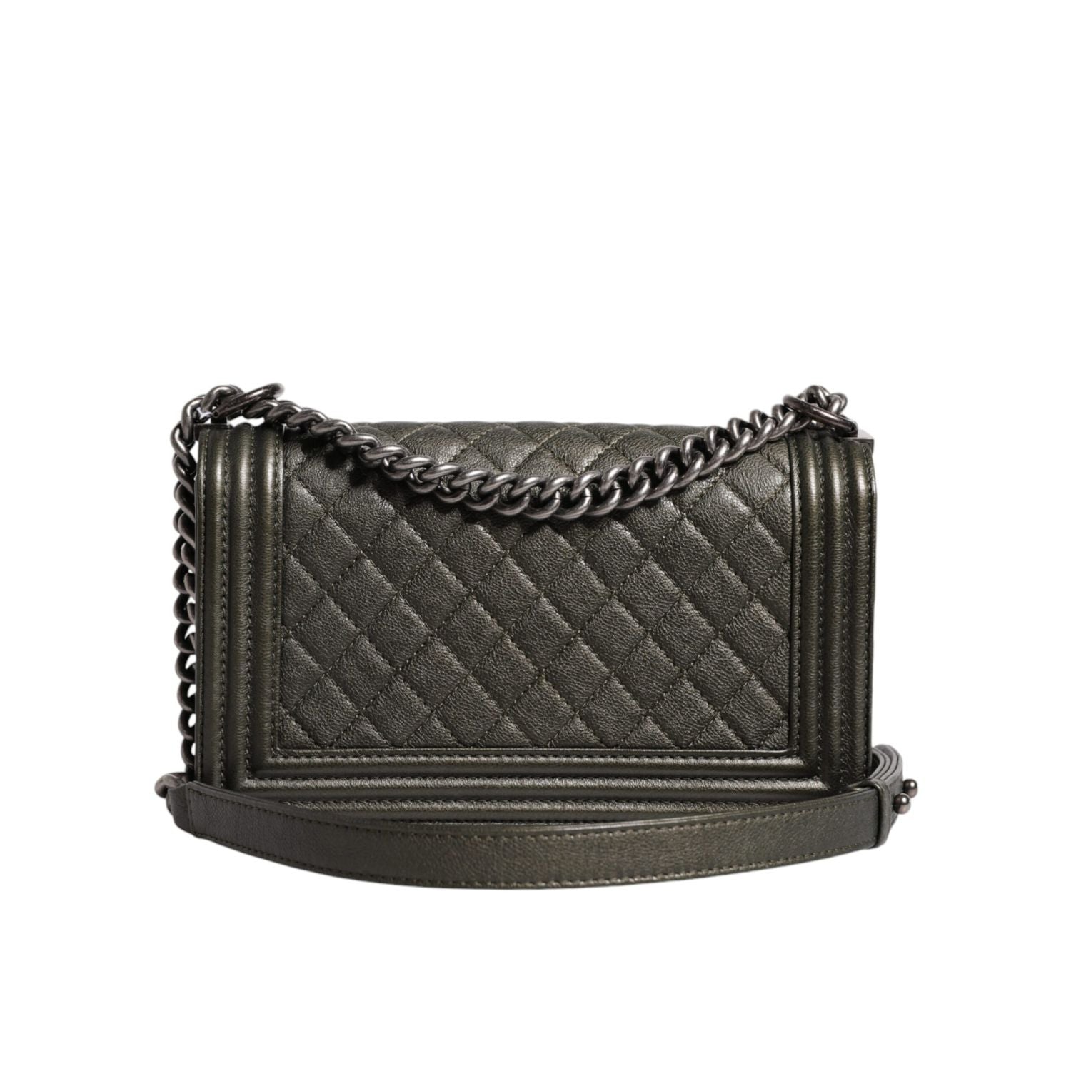 Chanel Dark Green Leather Shoulder Bag Gray Metal Purse Bag