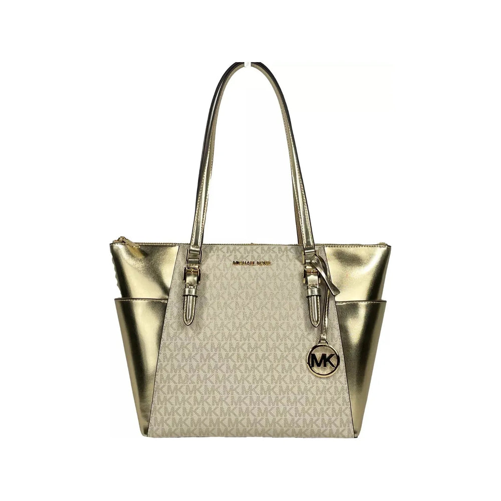 Michael Kors Charlotte Large Leather Top Zip Tote Bag Purse Gold 77089