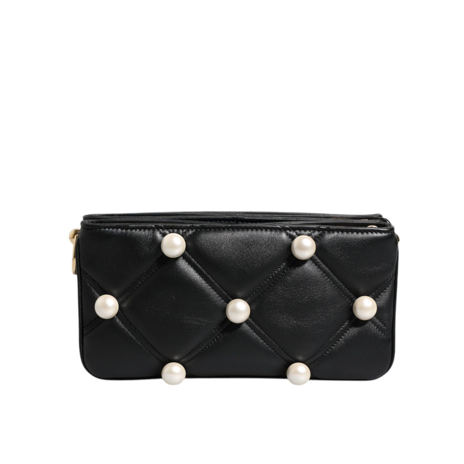 Dolce & Gabbana Black Leather Pearl Embellished Logo Shoulder Bag