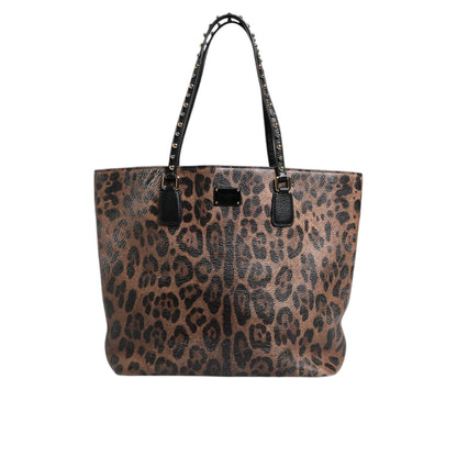 Dolce & Gabbana Brown Black Calfskin Leopard Print Shoulder Tote Bag