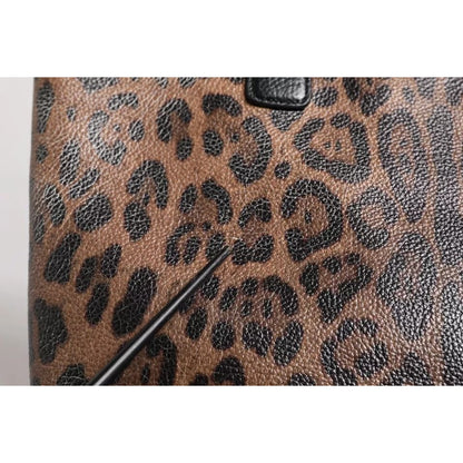 Dolce & Gabbana Brown Black Calfskin Leopard Print Shoulder Tote Bag