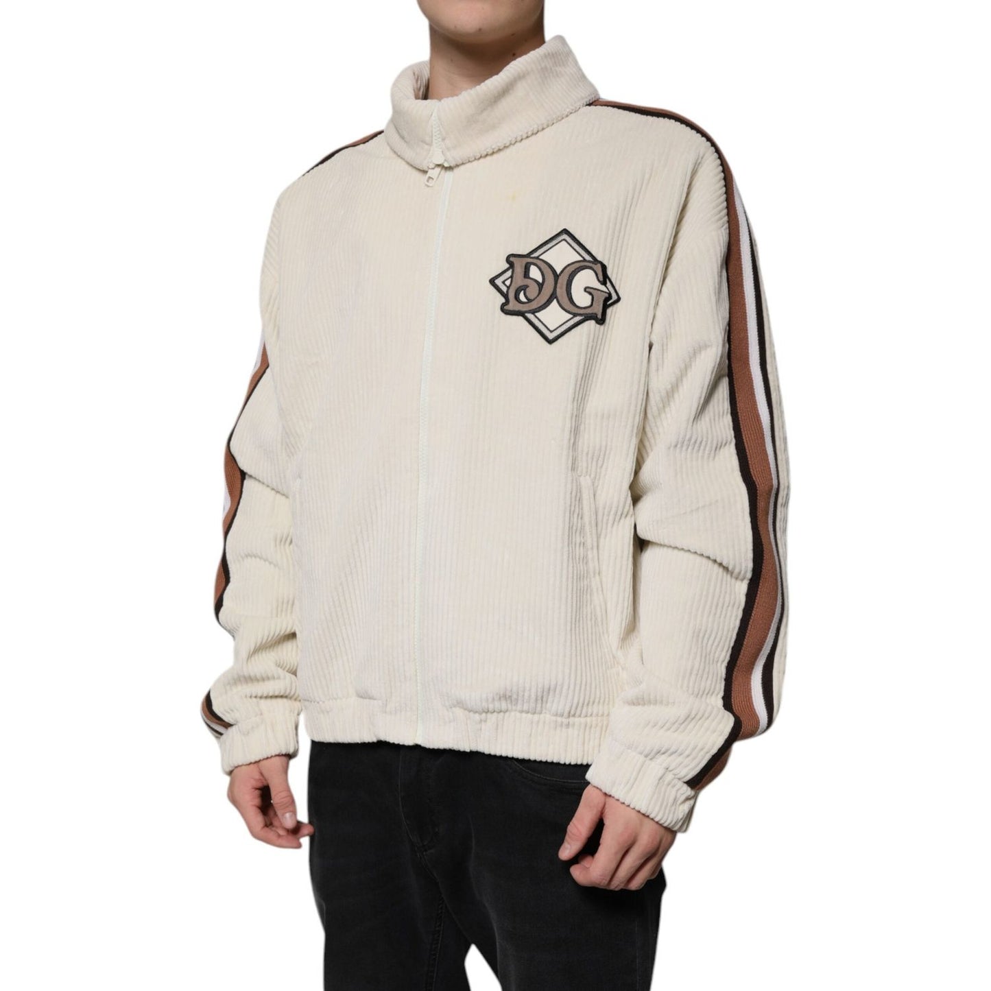 Dolce & Gabbana Beige Logo Applique Cotton Corduroy Full Zip Jacket JKT4189-50