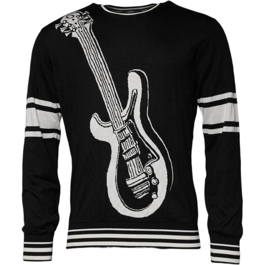 Dolce & Gabbana Black White Guitar Silk Crew Neck Sweater TSH87724-48