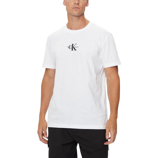 Calvin Klein Jeans white recycled cotton t-shirt with logo, worn by model, perfect for casual style.