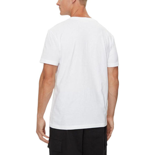 Back view of Calvin Klein Jeans white recycled cotton t-shirt worn by male model.