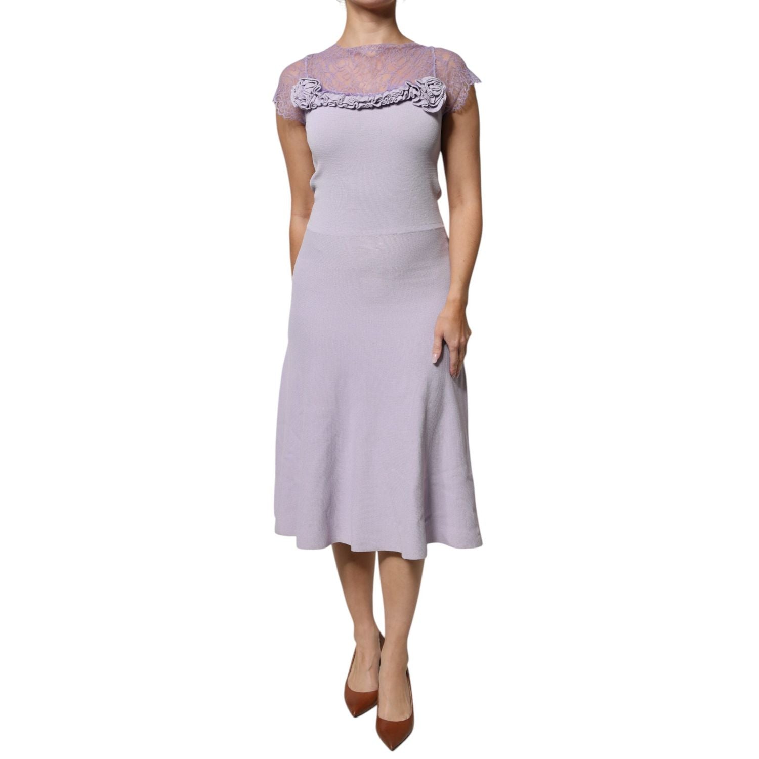 Blumarine Purple Short Sleeves Floral Lace Trim A-line Midi Dress