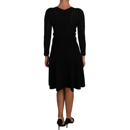 Dolce & Gabbana Black Knitted Wool Sheath Long Sleeves Dress