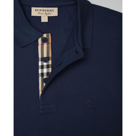 Burberry navy blue cotton polo shirt with logo, check pattern, and collar detail. Regular fit, short sleeve, made in Thailand.