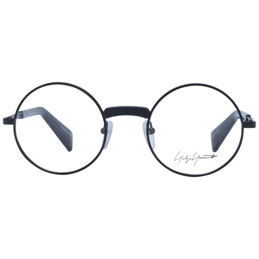 Yohji Yamamoto Black Men Glasses Frame, full-rim metal panto style with black color, includes branded soft case, size 48-21-145.