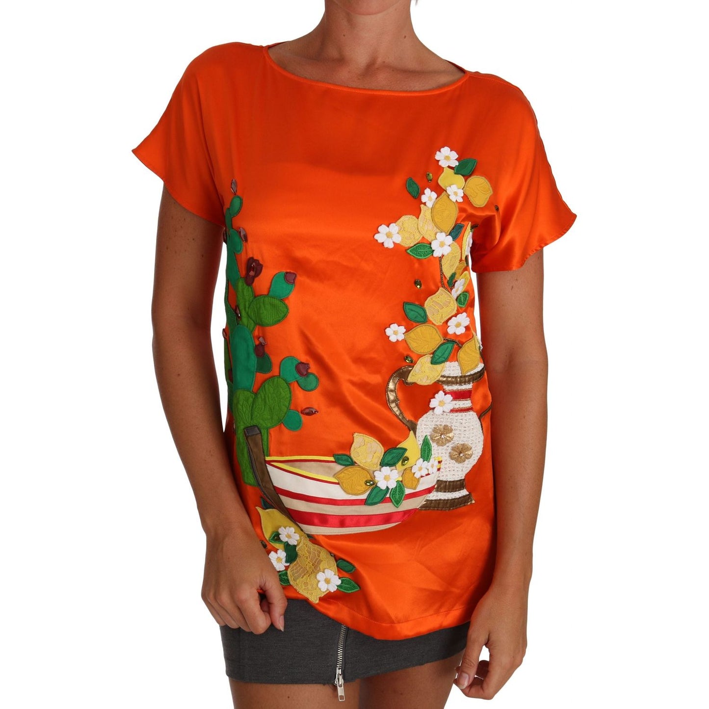 Dolce & Gabbana Silk Orange Lemon Crystal T-shirt Top