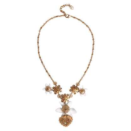 Dolce & Gabbana Gold Brass Lily Crystal Sacred Heart Pendant Necklace