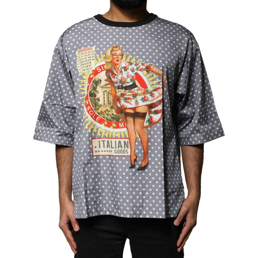 Dolce & Gabbana Gray Polka Dot Pin-Up Print Crew Neck T-shirt