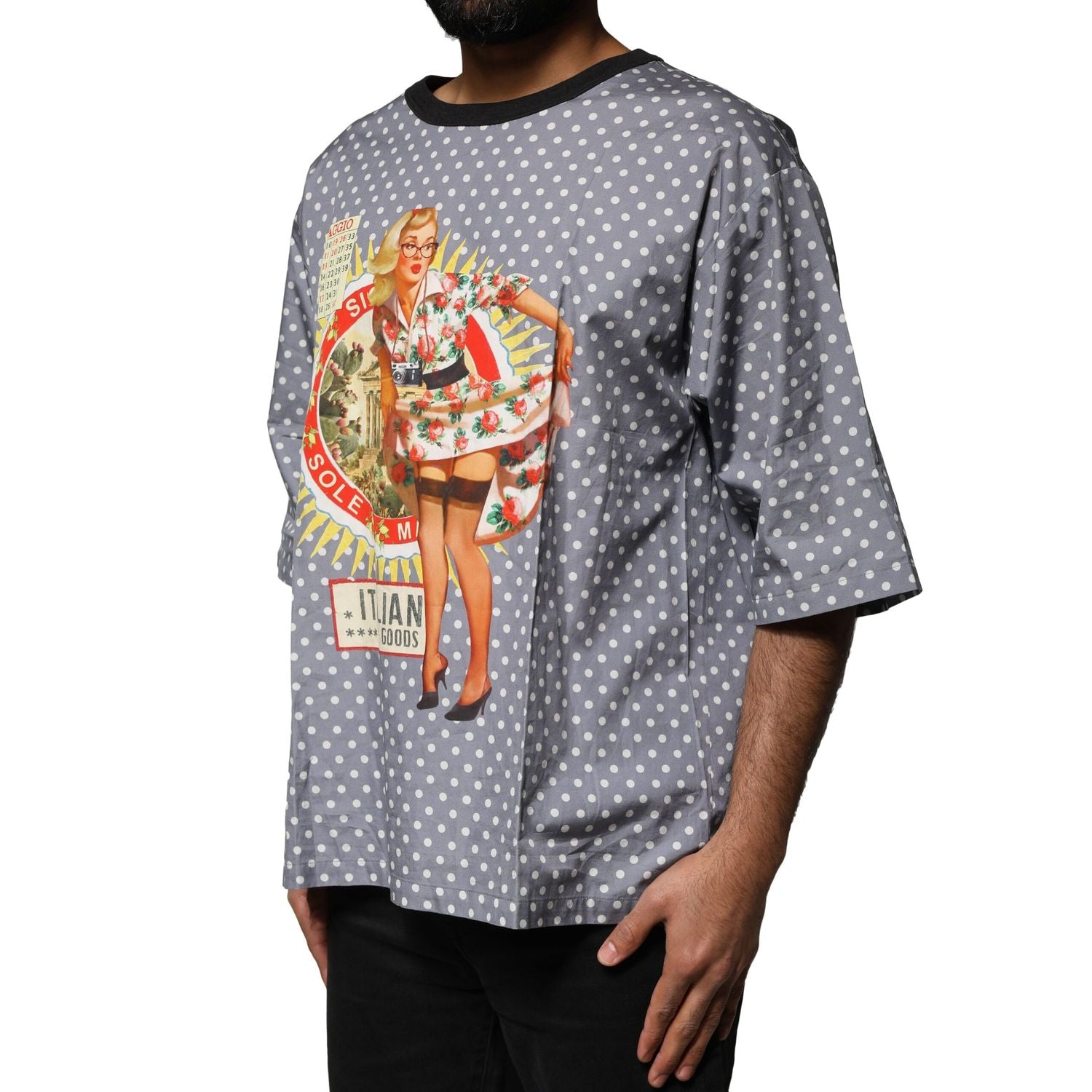 Dolce & Gabbana Gray Polka Dot Pin-Up Print Crew Neck T-shirt