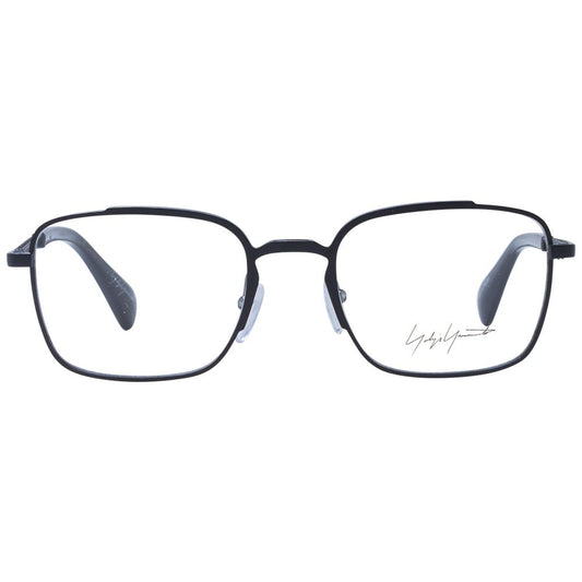 Yohji Yamamoto Black Men Glasses Frame in rectangle style, black metal full-rim, featuring plastic demo lenses with a 51-20-145 size.