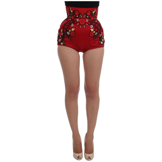 Dolce & Gabbana Red Silk Crystal Roses Shorts
