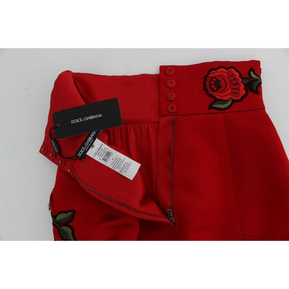 Dolce & Gabbana Red Silk Crystal Roses Shorts
