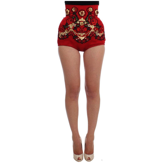 Dolce & Gabbana Red Silk Crystal Roses Shorts
