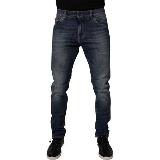 Dolce & Gabbana Dark Blue Cotton Leather Skinny Denim Jeans PAN75258-50