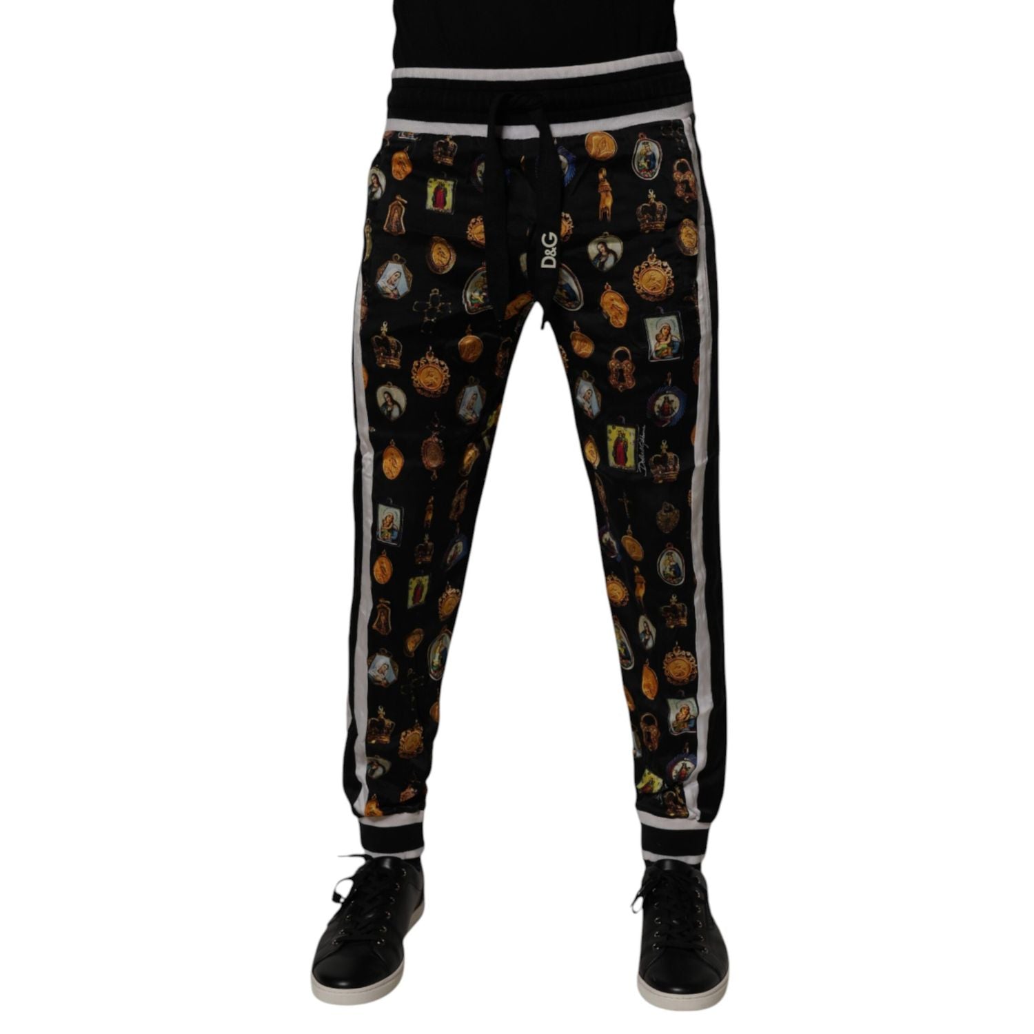 Dolce & Gabbana Black Religious Print Silk Men Jogger Pants