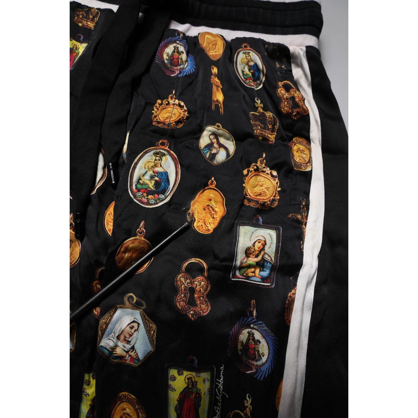 Dolce & Gabbana Black Religious Print Silk Men Jogger Pants