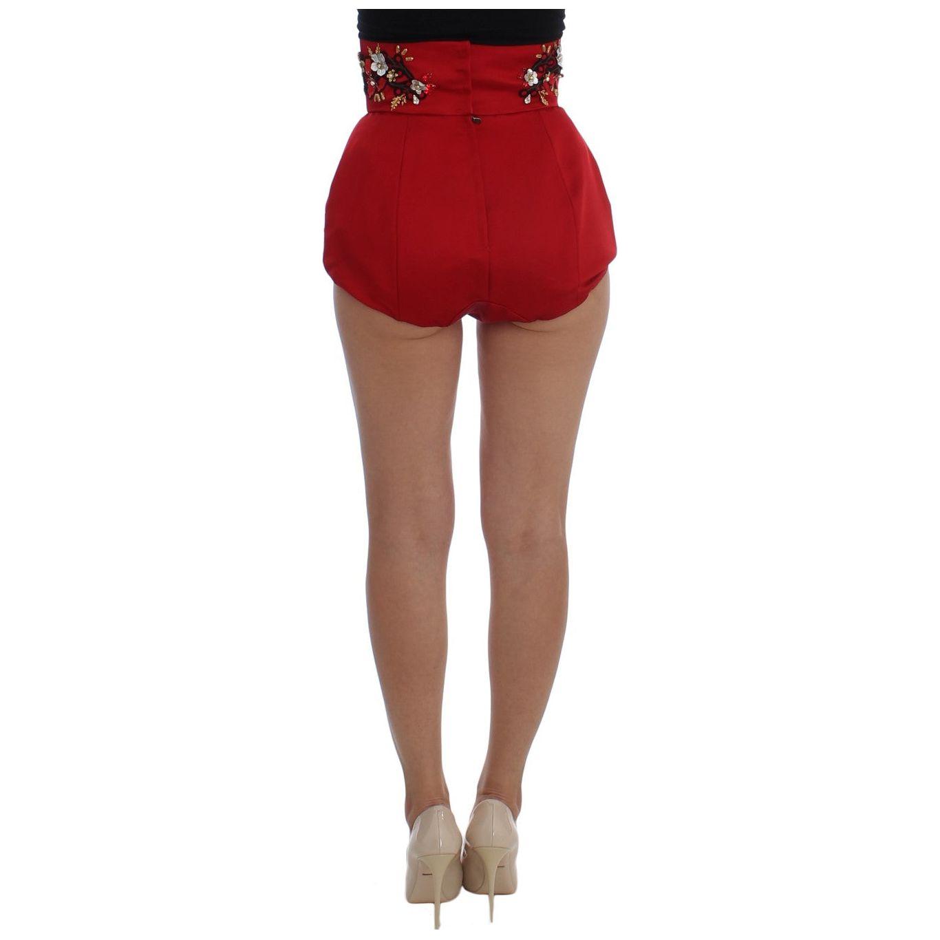 Dolce & Gabbana Red Silk Crystal Roses Shorts