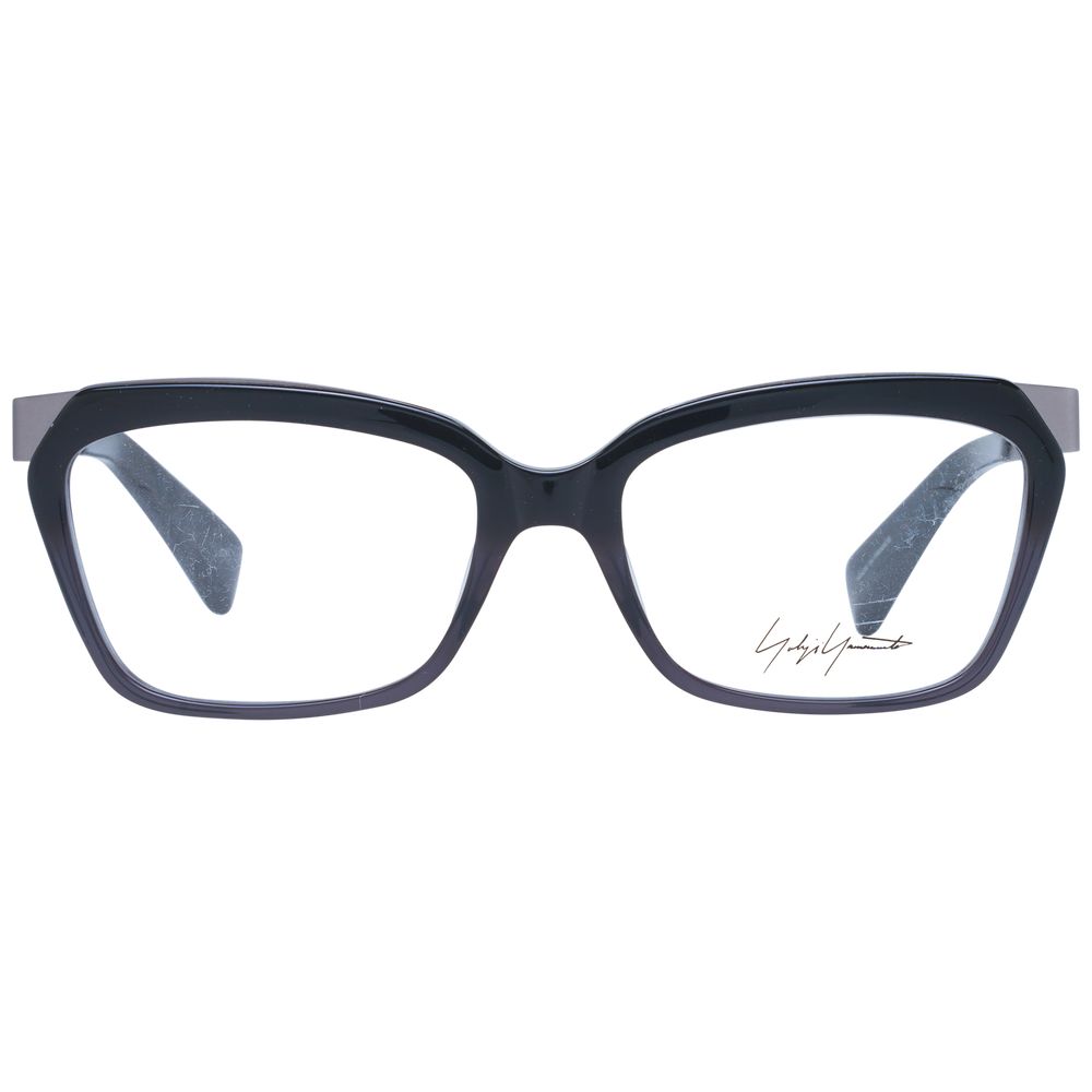 Yohji Yamamoto Black Women Glasses Frame, rectangle full-rim acetate eyewear with demo lenses and branded soft case included.