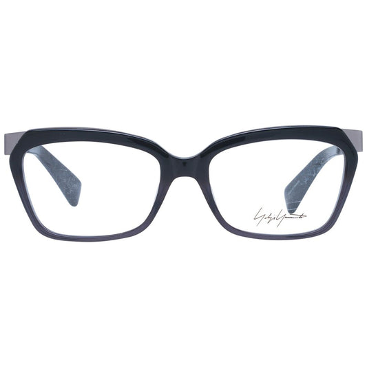 Yohji Yamamoto Black Women Glasses Frame, rectangle full-rim acetate eyewear with demo lenses and branded soft case included.