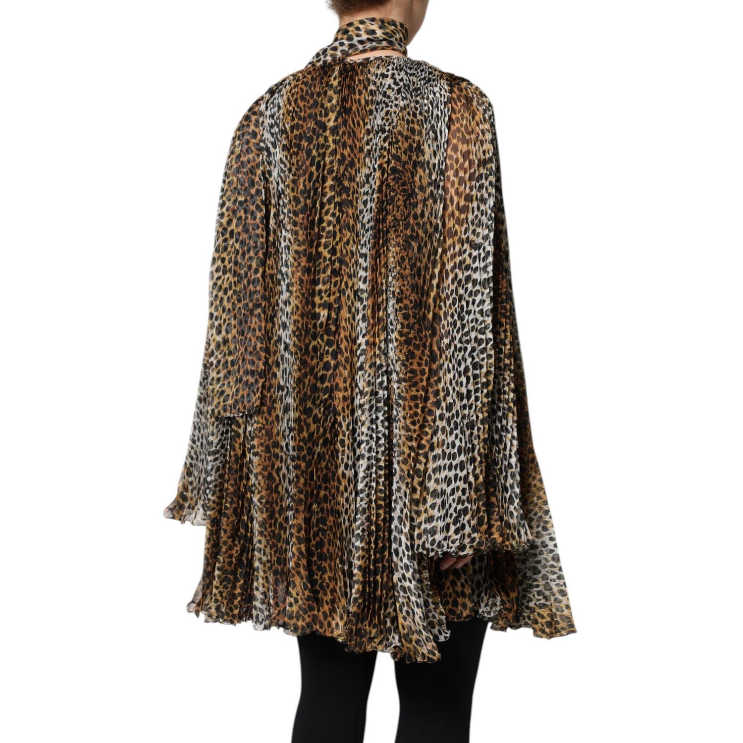 Dolce & Gabbana Brown Leopard Print Scarf Collared Chiffon Dress