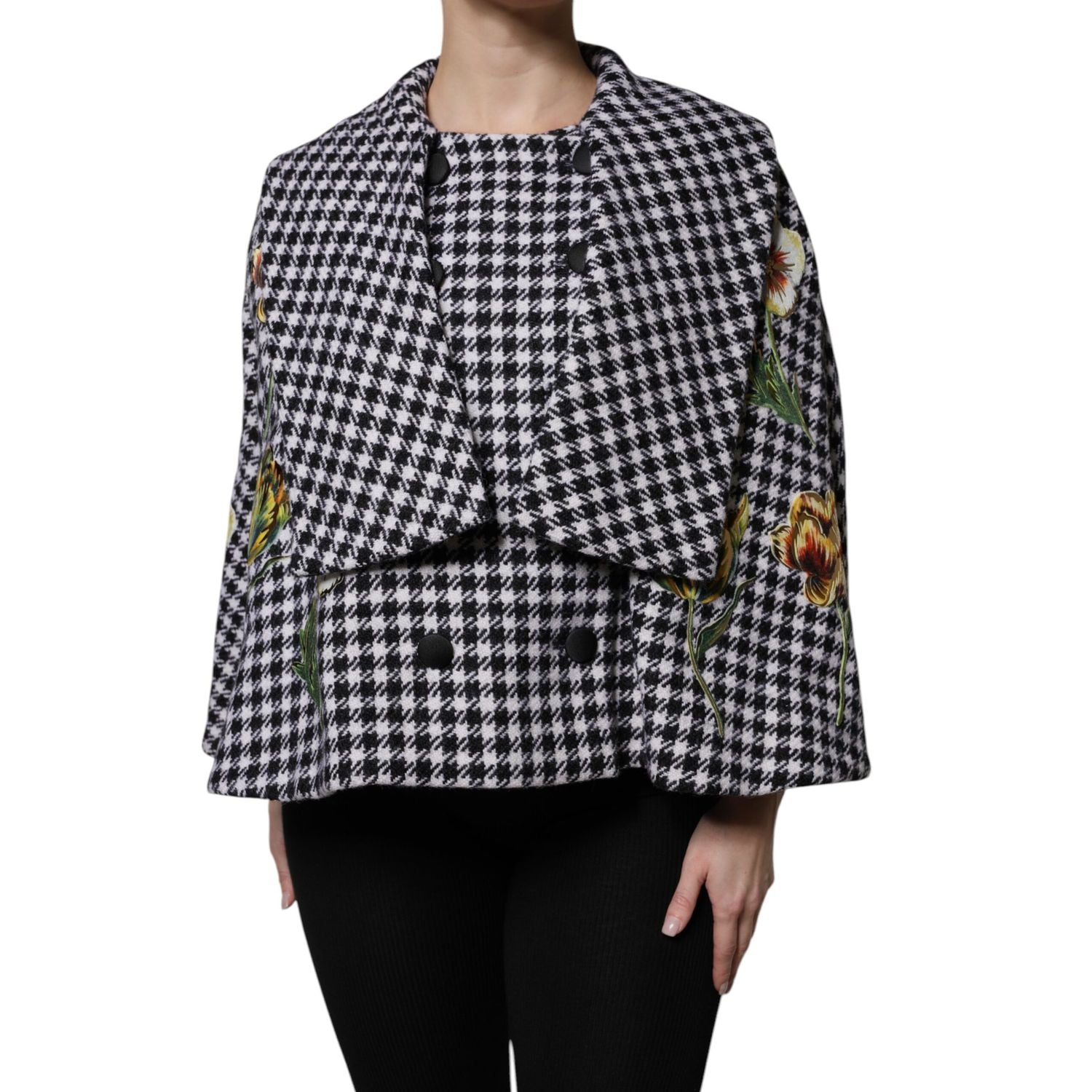Dolce & Gabbana Black White Monochrome Patterned Floral Cape Jacket
