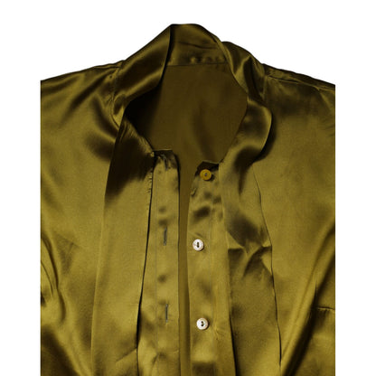 Dolce & Gabbana Olive Green Ascot Collar Long Sleeve Blouse Top