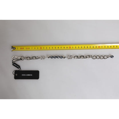 Dolce & Gabbana Silver Tone Chain Lobster Clasp Logo Gray Pearls Bracelet