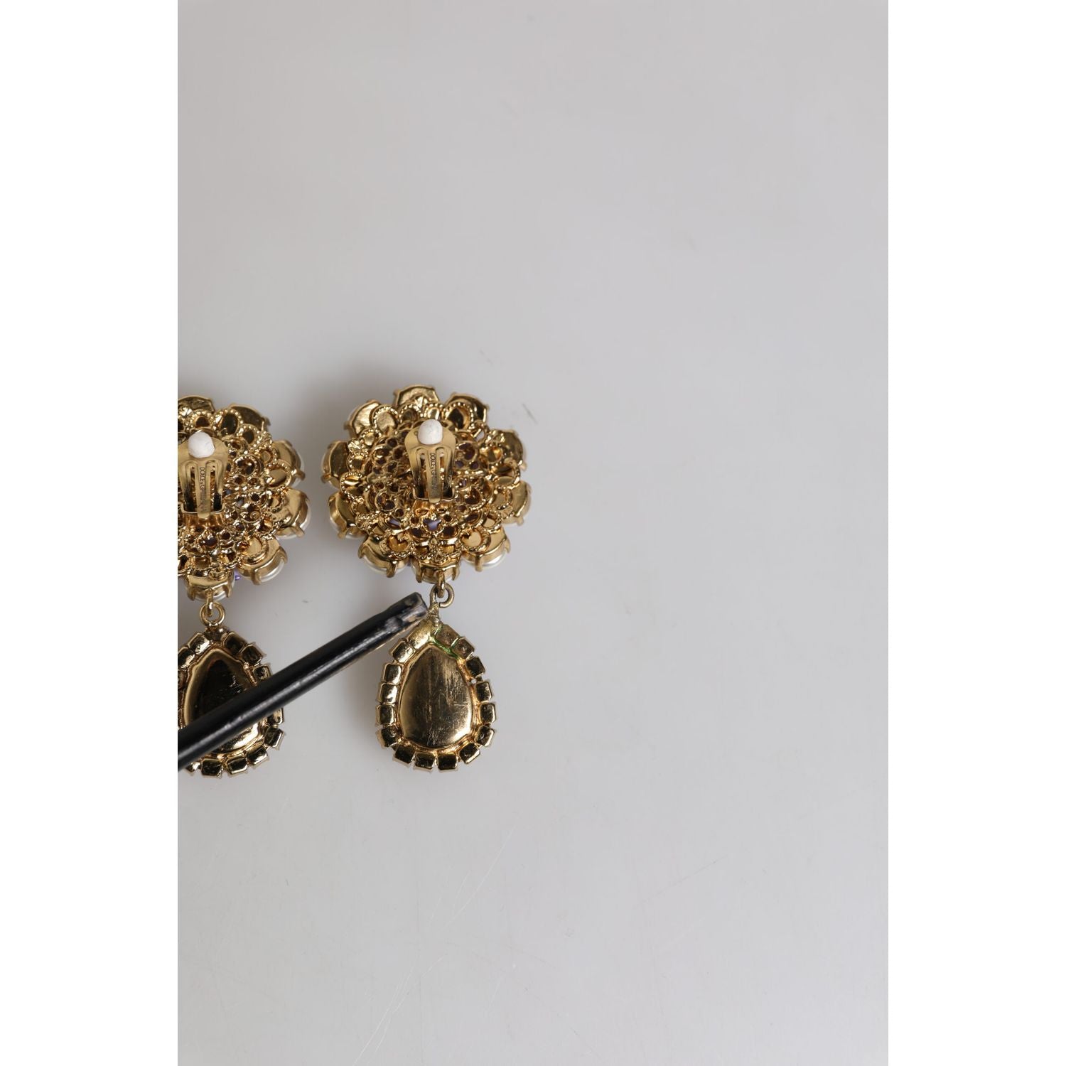 Dolce & Gabbana Purple Flower Pearl Teardrop Crystals Clip On Earrings