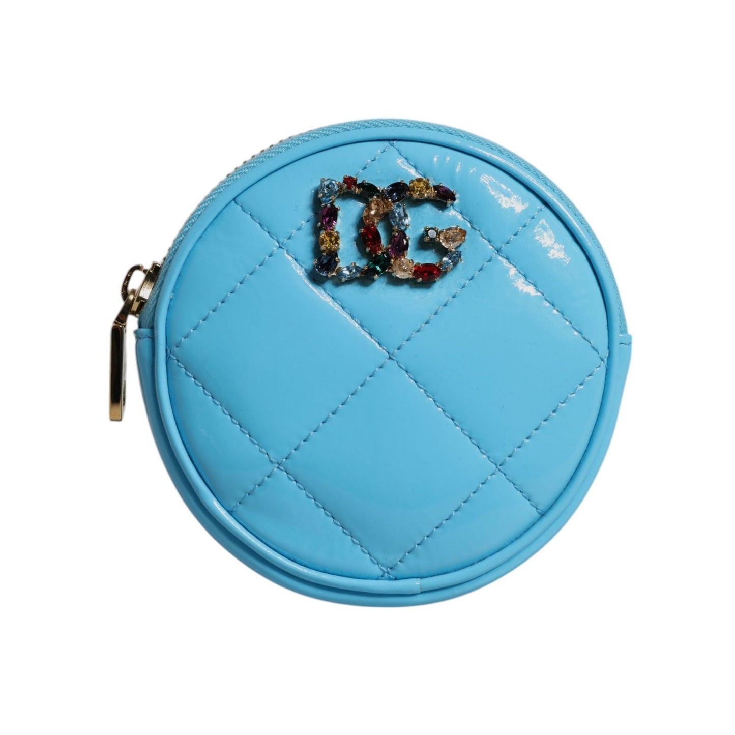 Dolce & Gabbana Light Blue Lamb Leather DG Crystal Round Coin Purse Wallet BAG4269