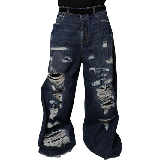 Dolce & Gabbana Dark Blue Tattered Wide Leg Men Denim Jeans PAN75179-50