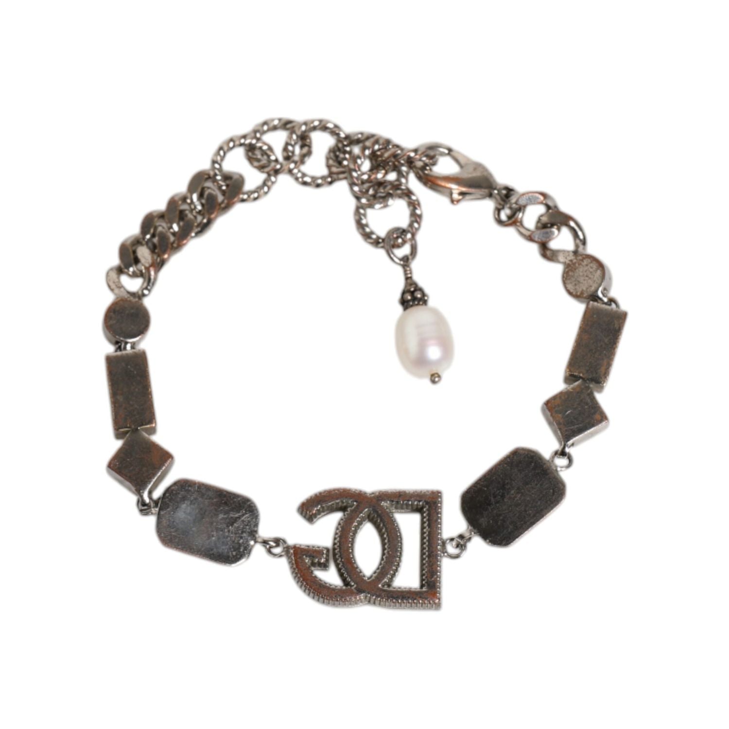 Dolce & Gabbana Silver Brass Crystal DG Logo Charm Embellished Bracelet