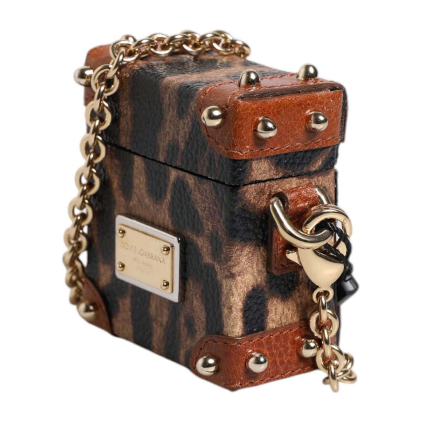 Dolce & Gabbana Brown Leopard Metal Logo Plaque Gold Chain Airpods Case