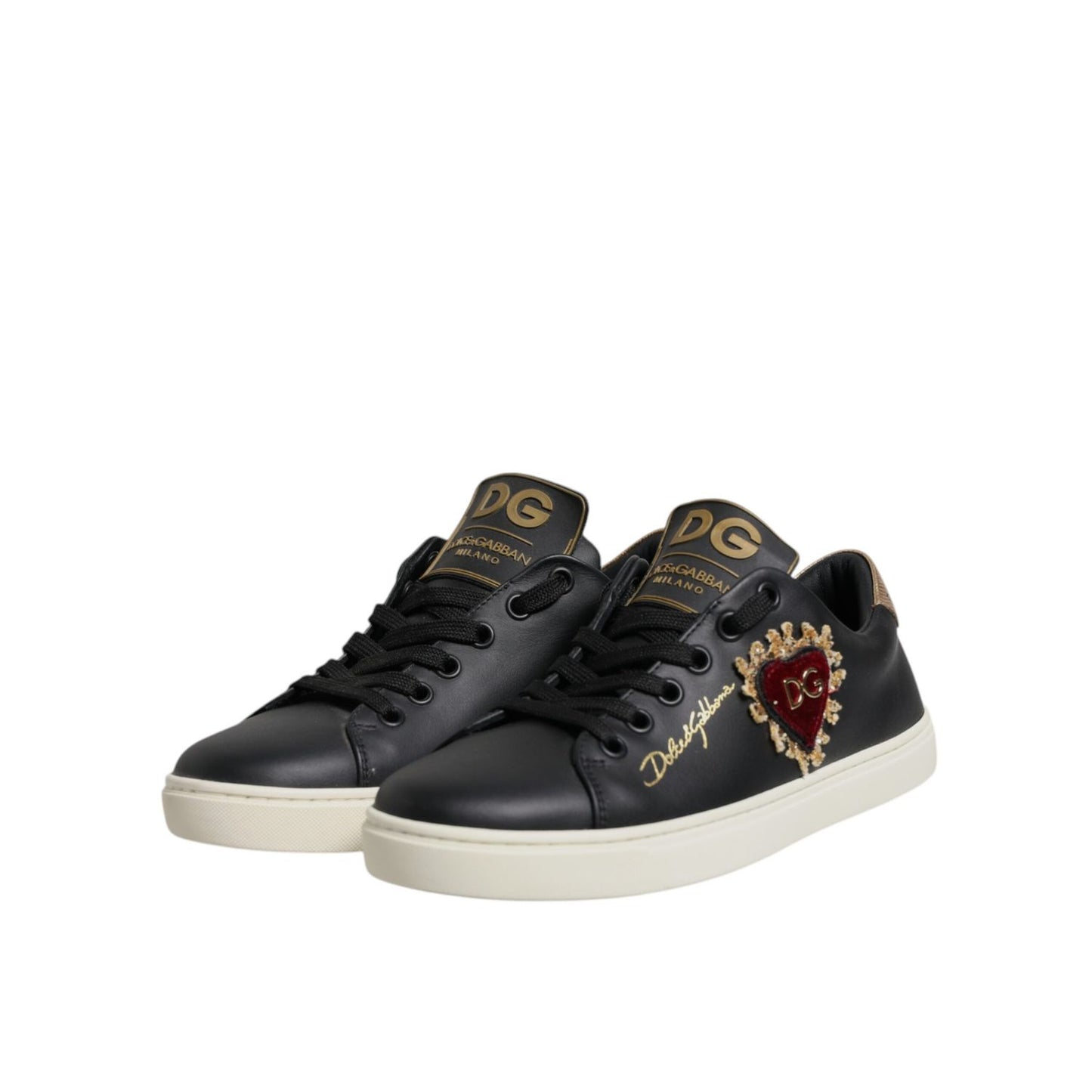 Dolce & Gabbana Black Leather Gold Red Heart Sneakers Shoes