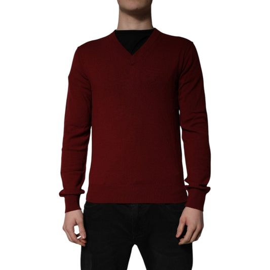 Dolce & Gabbana Maroon Cashmere V-neck Men Pullover Sweater TSH84510-46