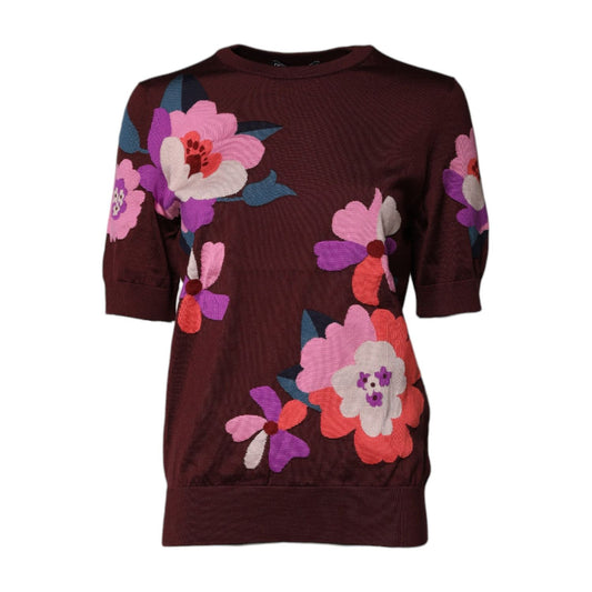 Dolce & Gabbana Maroon Floral Silk Crew Neck Blouse Top TSH87133-44
