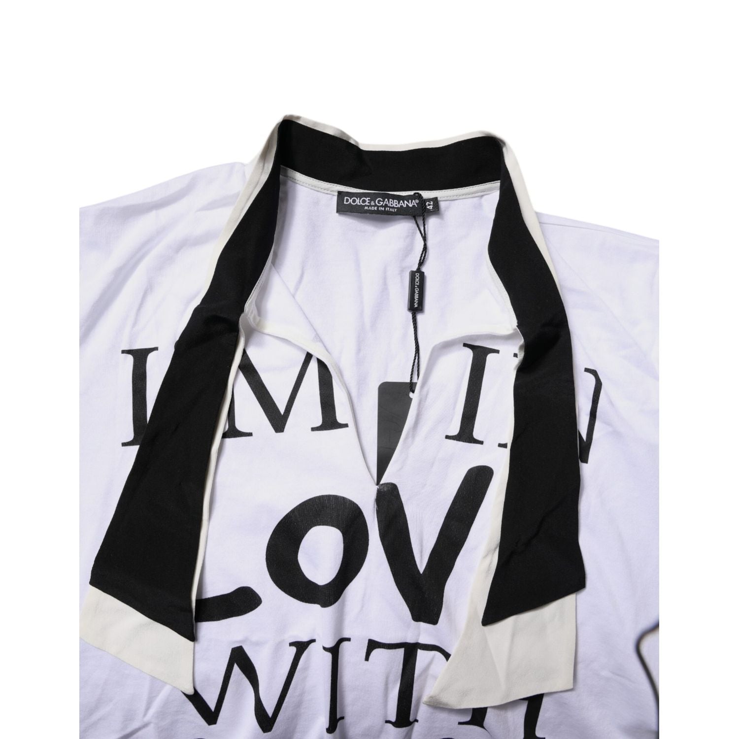 Dolce & Gabbana White Cotton Silk Blend Ascot Collar T-shirt