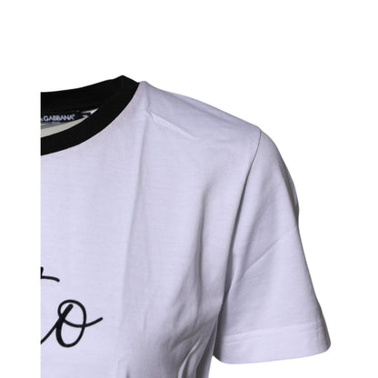 Dolce & Gabbana White Printed Round Neck Top Cotton T-shirt
