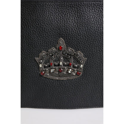 Dolce & Gabbana Black Calfskin Crown Embellished Clutch Pouch Bag