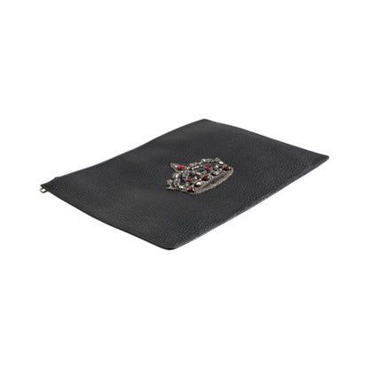 Dolce & Gabbana Black Calfskin Crown Embellished Clutch Pouch Bag
