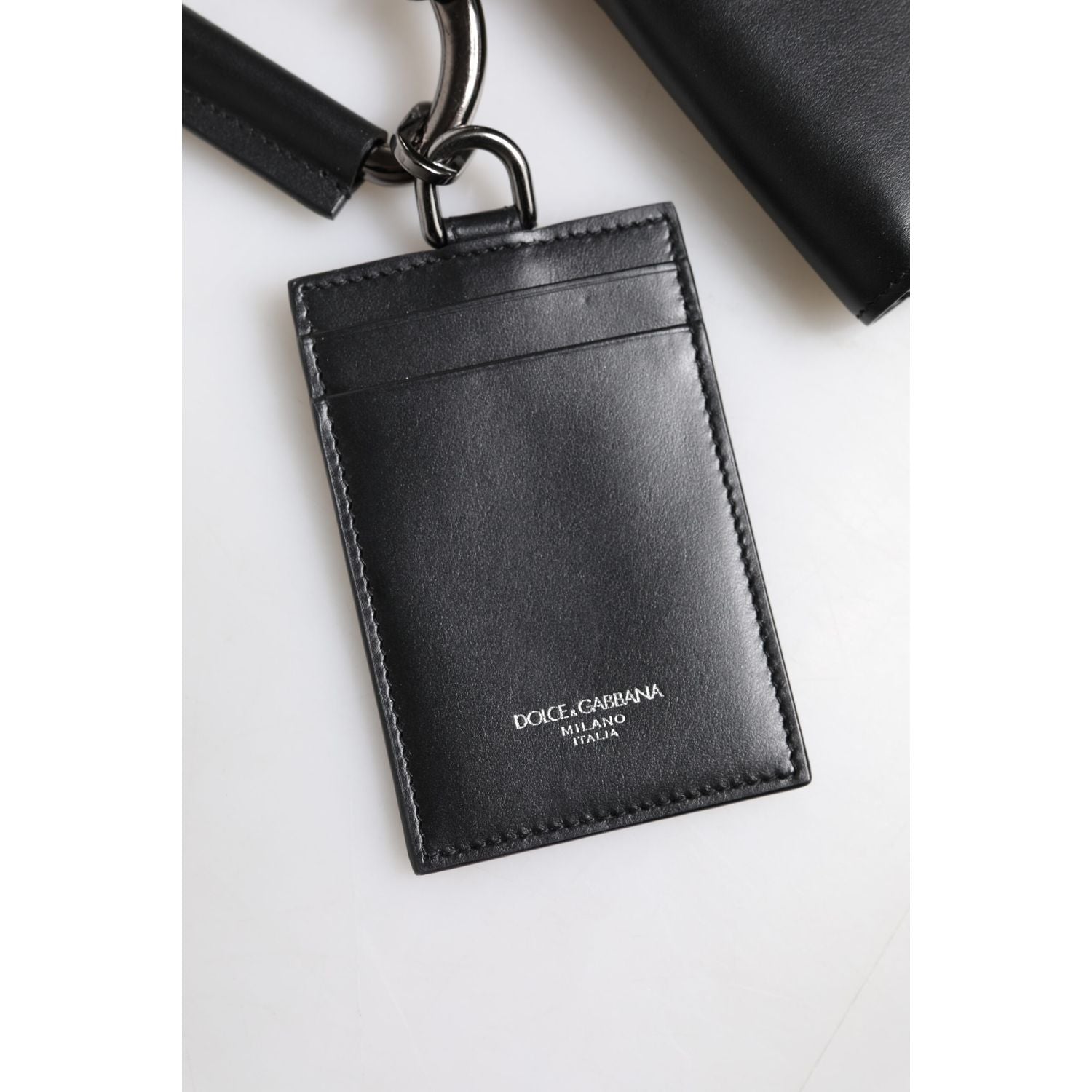 Dolce & Gabbana Black Leather Lanyard Zip Around Card Holder Wallet