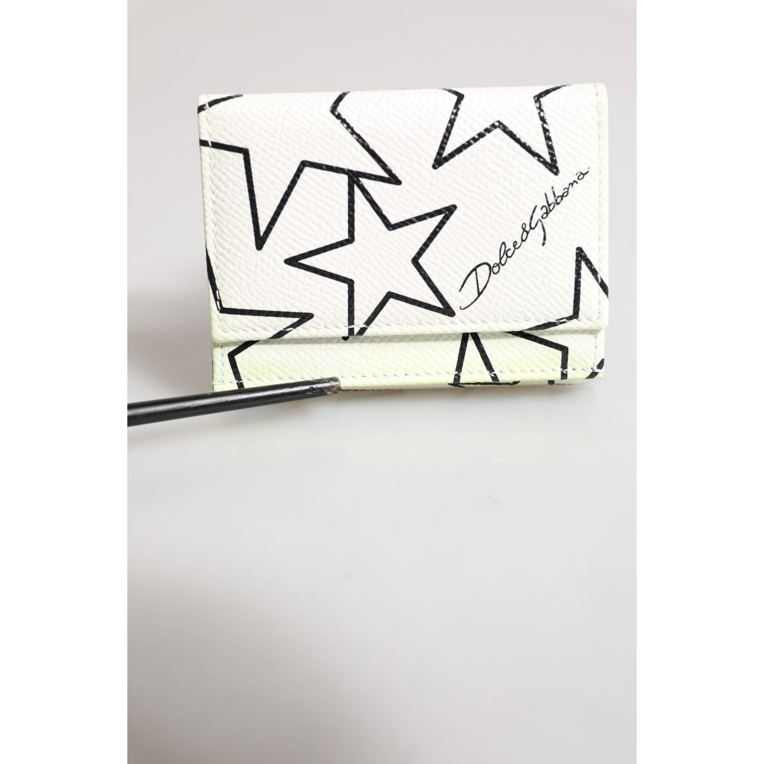 Dolce & Gabbana White Leather Trifold DG Star Print Card Holder Wallet